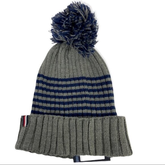 NWT Tommy Hilfiger Blue Grey‎ Striped Ribbed Knit Pom Pom Hat Toque Beanie NEW - Picture 2 of 7